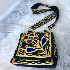 Velvet print yellow black handbag
